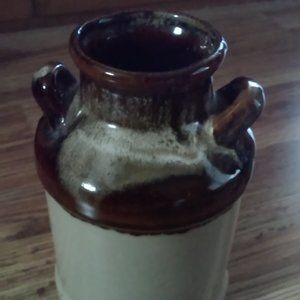 Milk Jug Vase Brown Cream Reads MILK On 1 Side 6 3/4" Tall 4 3/4" Wide on Bottom